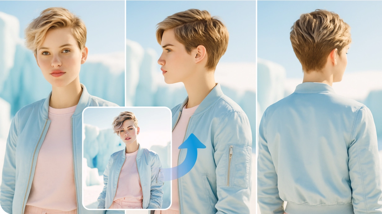 use using seedream 4.0 model to generate photos of a lady with different angles from one front view photo